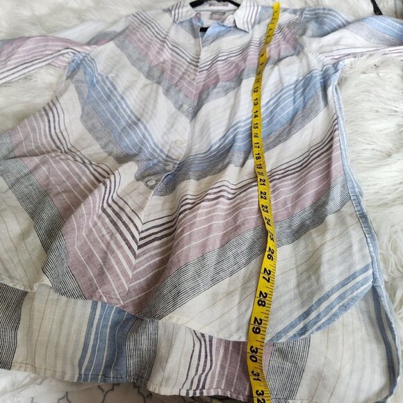 Chico’s 100% Linen Tunic Top Dress Women Size 2 L 12  No Iron‎ Stripe Cuffed - Picture 7 of 15